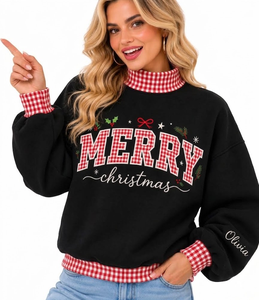 Custom Women’s Oversized <b>Mock</b> Neck Sweatshirt Cotton Gingham Letter Ribbed Breathable Casual Winter Pullover - Product Image 1