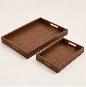 Ensemble de 2 plateaux de service rectangulaires en noyer de luxe, faits à la main, avec poignées, pour la maison, l'hôtel et les cadeaux - Product Image 4