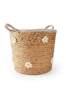 Panier de rangement rond tressé avec décor floral blanc, fait main, style bohème, organisateur pour salon, artisanat en fibres naturelles - Product Image 2