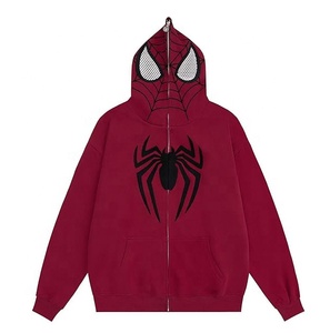 Sudadera con capucha y cremallera completa unisex de felpa personalizada estilo streetwear con gráfico de araña y insignia, de manga larga - Product Image 1