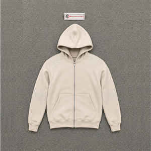 Sweat à capuche zippé premium pour homme, beige, orné de strass, coupe classique, imprimé pailleté, style décontracté urbain, collection automne, avec cristaux décoratifs de signature - Product Image 5