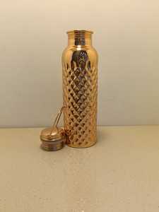 Premium Diamond Cut Pure <b>Copper</b> Water Bottle 1000ml Pineapple Grid Pattern Flask Gym Sports Carry <b>Handle</b> Metal Drinkware - Product Image 3