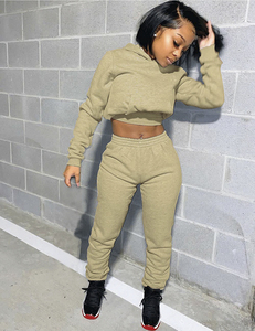 Women Solid Long <b>Sequined</b> Badge Printed Olive Green Hooded Crop Sweatshirt Set Full Sleeve Fleece Casual Jogger <b>Pants</b> Summer - Product Image 3