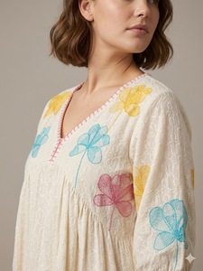 Vestido Midi Boho con Estampado Floral, Cuello en V, Manga Tres Cuartos, Corte Holgado, 100% Algodón Tejido Transpirable, Bordado a Mano, Casual de Primavera - Product Image 2