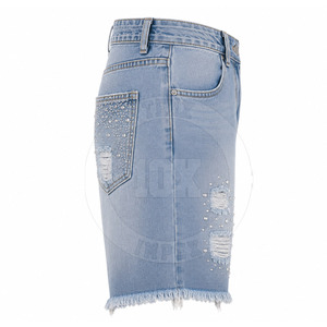 Wholesale Custom Plus Size Rhinestone Distressed <b>Jeans</b> Shorts Cotton Custom Color High Waist Denim Shorts - Product Image 3