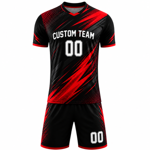 Custom Team Soccer Jersey Set Black Red Sublimated V-Neck Short Sleeve Moisture Wicking Adult Unisex Uniform 00 Number Print - Product Image 1