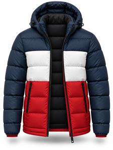 <b>Men's</b> Navy <b>White</b> Red Color Block Hooded <b>Puffer</b> <b>Jacket</b> Waterproof Quick Dry Winter Casual Zipper Polyester Wadding Front Regular - Product Image 3
