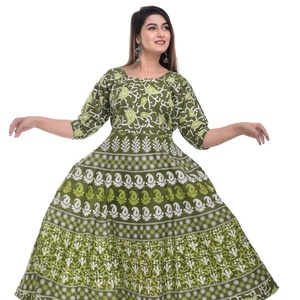 100% Pure Cotton Women Anarkali Kurti O-Neck Long Floor-Length Silk Lining Breathable Eco-Friendly Casual <b>Dress</b> - Product Image 1