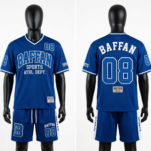 Ensemble short et maillot en jersey de polyester doux de haute qualité, bleu et blanc avec empiècements latéraux, logo imprimé personnalisé, pour homme. - Product Image 5