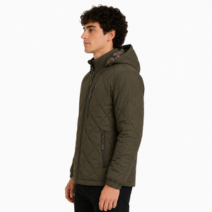 Blouson matelassé léger à capuche pour homme, vert olive, isolé, avec fermeture éclair intégrale, pour l'hiver, décontracté, d'extérieur, motif losanges - Product Image 2