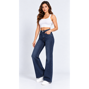 Jeans de mezclilla de mujer de tiro alto con corte de bota y presilla central dividida, índigo oscuro - Venta al por mayor - Product Image 2