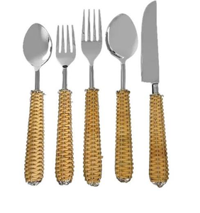 Rattan And Stainless Steel Spoon Fork Knife Minimalist Design <b>Camping</b> Utensils 4 PCS Rattan Handle Flatware Spoon - Product Image 3
