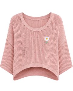 Pull court tricoté rose oversize pour femme, ample, ajouré, à manches larges, style streetwear décontracté, doux et côtelé - Product Image 1