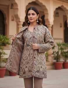 Pure <b>Wool</b> Bohemian Mandarin Collar Paisley Long Casual Winter <b>Capes</b> with Soft Jamawar Woven Fabric and Button Closure - Product Image 3
