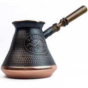 Cafetière et théière turque en cuivre noir, forme ronde, décorative, style indien, compatible lave-vaisselle et four, avec poignée en bois. - Product Image 4