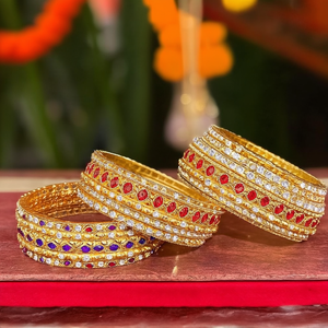 Gold Plated Meenakari <b>Bangles</b> <b>Set</b> Crystal Stone Imitation Pearl 10575603SBL_2.6 for Bridal Occasions Fine Steel Jewelry <b>Set</b> Ruby - Product Image 3