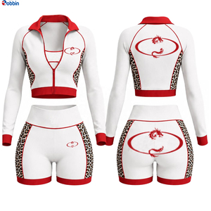 Conjunto Deportivo de 2 Piezas para Mujer, Estilo Hip Hop, Negro con Estampado de Leopardo Rojo, Chaqueta con Cremallera de Manga Larga y Pantalones Cortos, Ropa Deportiva para Primavera/Verano - Product Image 2