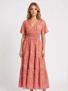Boho Maxi <b>Dress</b> <b>Silk</b> Breathable Vintage Paisley Print Elastic Waist Short Sleeve A-Line Relaxed Fit <b>Summer</b> Casual - Product Image 2