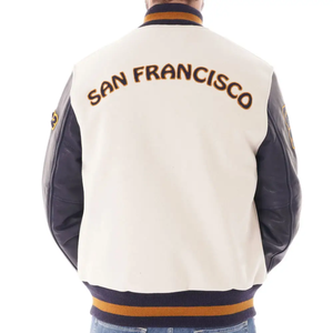 Chaqueta Varsity para Hombre, Manga de Cuero PU, Cuerpo Blanco, Detalles Azul Marino, Cierre de Botones, Cuello Camisero, Ropa Casual de Otoño - Product Image 2