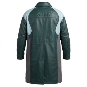 Abrigo Largo de Cuero Genuino Verde Oscuro con Inserciones Azul Claro en los Hombros, Abrigo de Motero Personalizado para Hombre, Ropa de Invierno, Proveedor OEM - Product Image 2