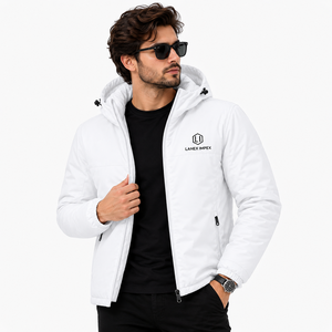 Custom <b>Men's</b> Solid <b>White</b> Hooded <b>Puffer</b> <b>Jacket</b> Waterproof Windproof Winter Insulated Outdoor Thermal Coat Full Zip Parka OEM ODM - Product Image 1