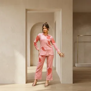 Pink Striped Linen Cotton Shirt and <b>Trousers</b> Set with Heart Print Turn-<b>down</b> Collar Full Sleeve Casual Wear for Women - Product Image 4