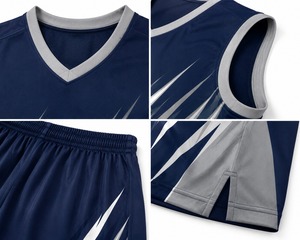 Ensemble de maillot de basket sans manches bleu marine pour homme, col en V, séchage rapide, imprimé géométrique, uniforme sportif, design sublimé - Product Image 2