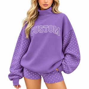 Conjunto de Sudadera y Pantalones Cortos de Algodón 100% con Estampado de Puntos Morados, Cuello Alto, Corte Holgado, Informal, de Dos Piezas, para Mujer, Primavera Verano, Felpa - Product Image 1