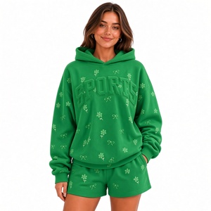 Ensemble de survêtement pour femme de haute qualité, blanc, brodé de fleurs, coupe ample, en coton, sportif, toutes saisons, deux pièces avec détail nœud - Product Image 3