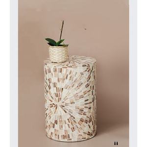 Luxury Mosaic Cylinder Side Table <b>Stools</b> Mother of Pearl Elegant Handcrafted Shell Inlay <b>Wooden</b> Furniture Interior - Product Image 4