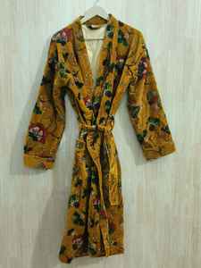 Bata Kimono Corta de Terciopelo de Algodón para Mujer, Estampado Amarillo Selva, Transpirable, con Flores, para el Desayuno, Bata de Dama de Honor, Invierno - Product Image 4