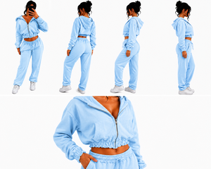Ensemble sweat-shirt court à capuche gris pour femme grande taille, en molleton avec fermeture éclair, brodé, style streetwear décontracté, couleur unie, automne - Product Image 4