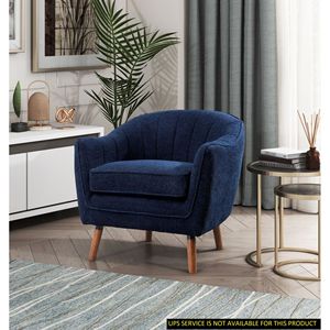 Poltrona Moderna Stile Mid-Century in Tessuto Chenille Blu con Schienale Trapuntato e Gambe in Legno Massello Marrone per Soggiorno - Product Image 1