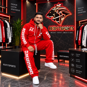 ชุดเซ็ตฮู้ดดี้ซิปสีแดงสำหรับผู้ชาย กางเกงวอร์มพิมพ์ลายกราฟิก สตรีทแวร์แทรคสูท รับผลิตแบบ OEM ODM ขายส่งชุดกีฬา - Product Image 3