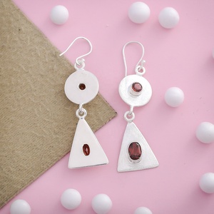 Natural <b>Garnet</b> Gemstone 925 Sterling Silver Dangle Drop <b>Earrings</b> Handmade Geometric Triangle Jewelry - Product Image 2