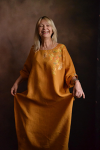 Hand-Painted Mustard Yellow Linen Kaftan Maxi Dress for Women Elegant Round Neckline and <b>Three</b>-Quarter Length Sleeves Long Gown - Product Image 3