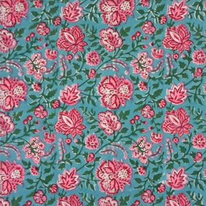 Tissu en coton bleu sarcelle avec motif floral rose imprimé à la main, tissu en coton doux 60 fils, textile tissé pour approvisionnement en gros - Product Image 3