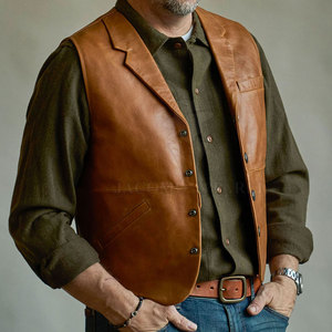 Men's Brown Leather Vest Single Breasted Turn-down Collar Casual Outerwear Regular Length Solid Color Button Closure - Product Image 4