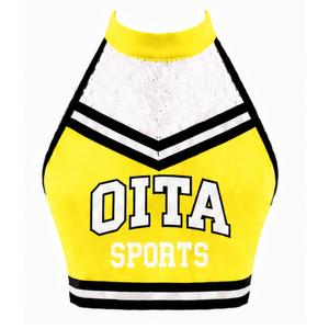 Haut court de cheerleading jaune vif, blanc et noir sans manches, pour performance athlétique, uniforme de cheerleading pour femmes et filles, entraînement d'équipe - Product Image 1