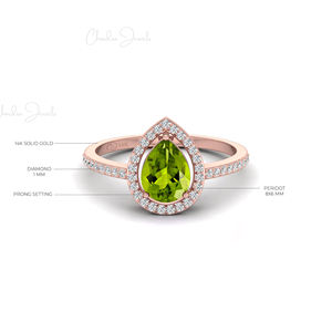Anillo de Peridoto en Forma de Lágrima de 8x6mm con Halo de Diamantes Blancos de 1mm en Oro Rosa Sólido de 14k, Joyería Delicada Personalizada, Proveedor Mayorista - Product Image 2