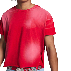 Camiseta de alta calidad 100% algodón con efecto deslavado, corte cuadrado, cuello en felpa francesa, color rojo, camisetas personalizadas para hombre. - Product Image 3