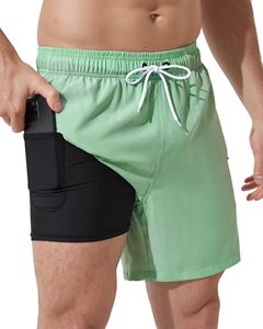 Shorts de bain pour hommes, couleur unie, avec doublure de compression, 2 en 1, respirants, séchage rapide, avec poche zippée - Product Image 1