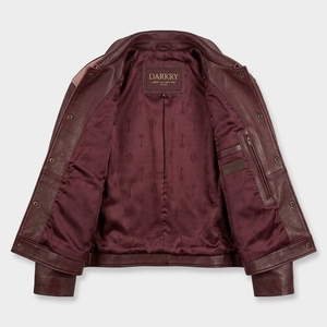 <b>Burgundy</b> Pink Womens Genuine <b>Leather</b> Trucker <b>Jacket</b> Curved Panel Color Block Biker Outerwear Snap Closure Casual Coat - Product Image 5