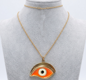 Colgante de latón hecho a mano con ojo y esmalte naranja, diseño minimalista para aniversario de mujer; Protege la felicidad y la creatividad, ajustable. - Product Image 3
