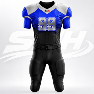 Uniforme de football américain personnalisé bleu royal et noir pour hommes, maillot respirant à col en V avec pantalon rembourré renforcé, personnalisable pour équipe - Product Image 1