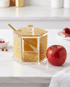 Elegant Modern Judaica Honey Dish Lid Spoon Acrylic Hexagon Design Celebrating Rosh Hashanah Sweet Traditions - Product Image 1