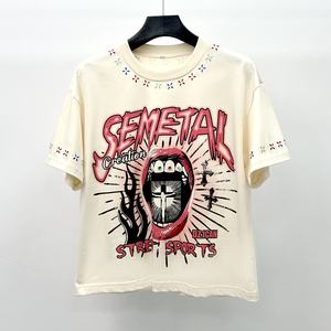 เสื้อยืดโอเวอร์ไซส์ผู้ชายแบบครอปพิมพ์ลายกราฟิก ตกแต่งด้วยคริสตัลหนักๆ สั่งทำจากโรงงาน ผลิตจากผ้าฝ้าย 100% - Product Image 2