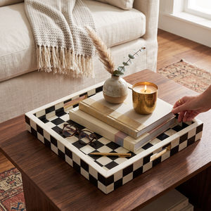 Plateau de service rectangulaire en os incrusté fait main, assiette décorative à carreaux pour la maison, le restaurant et l'hôtel - Product Image 2