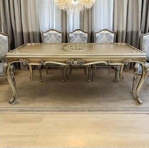European rectangular glass top dining table with carved wooden <b>legs</b> and fabric chairs, available at wholesale prices. - Product Image 2