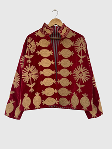 Blouson en velours rouge brodé à la main avec motif géométrique, col mandarin, manches longues, style automne pour adulte - Product Image 1